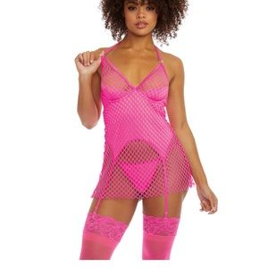 NWT | Dreamgirl | Fishnet Garter Strap Dress with Thong | Hot Pink | One Size